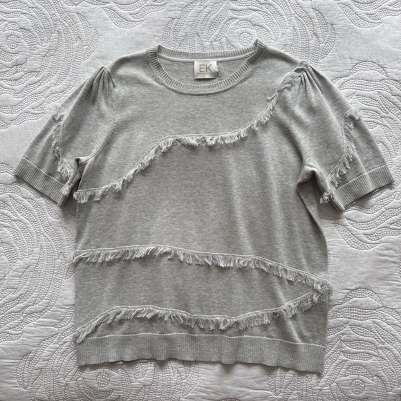 Edinburgh Knitwear - Pima Cotton Fringe Short Sleeve Sweater - Cloud Grey - Picture 2 of 12